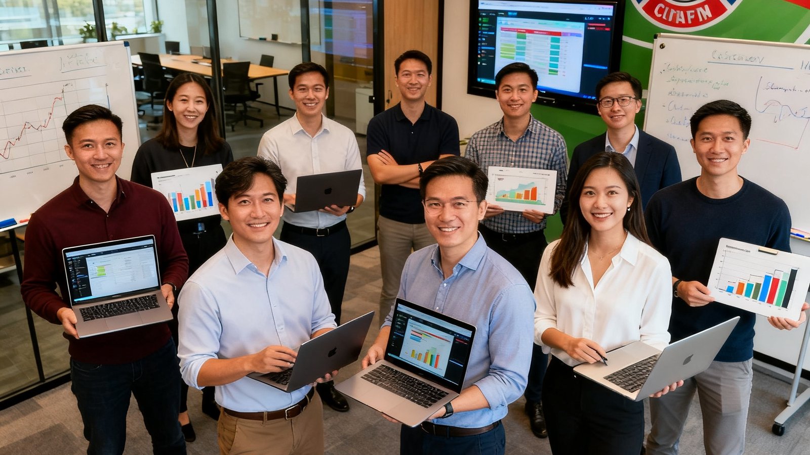 世界杯下单平台在线核心团队在现代化办公室的合影，团队成员来自数据科学和体育分析领域，展现了专业与活力。